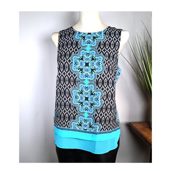 Rose & Olive Top Turquoise Print Layered Sleeveless Scoop Neck Sz Small NWT - Picture 3 of 7